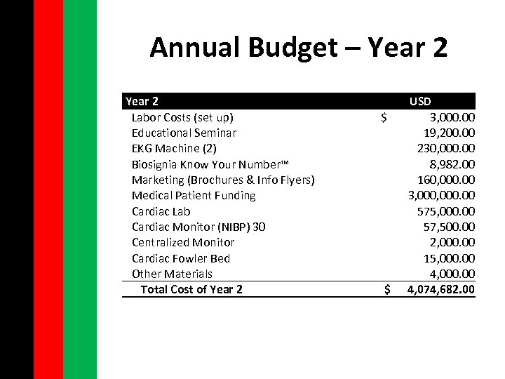 Annual Budget – Year 2 Labor Costs (set up) Educational Seminar EKG Machine (2)