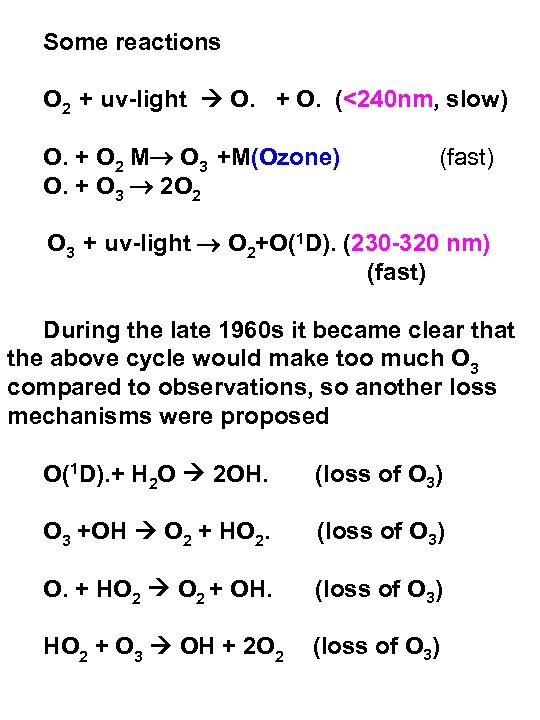 Some reactions O 2 + uv-light O. + O. (<240 nm, slow) O. +