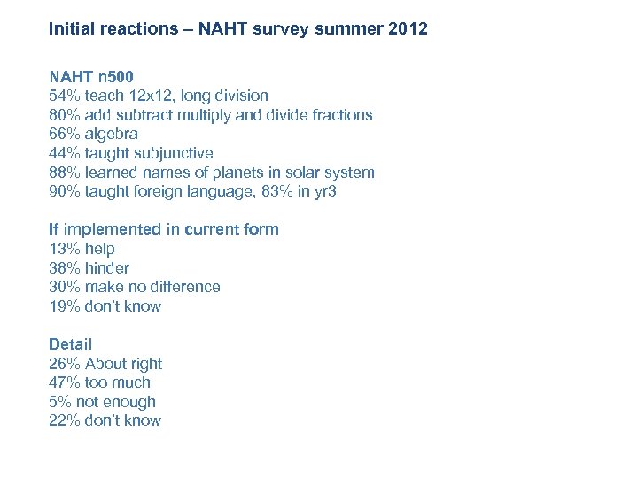 Initial reactions – NAHT survey summer 2012 NAHT n 500 54% teach 12 x