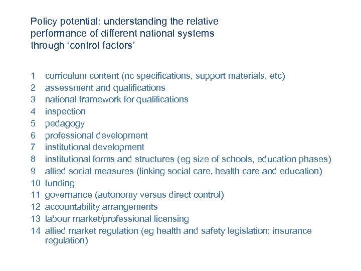 Policy potential: understanding the relative performance of different national systems through ‘control factors’ 1