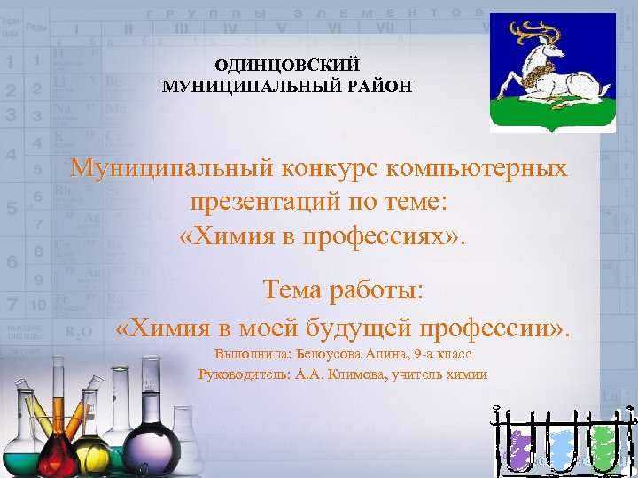 ОДИНЦОВСКИЙ МУНИЦИПАЛЬНЫЙ РАЙОН Муниципальный конкурс компьютерных презентаций по теме: «Химия в профессиях» . Тема