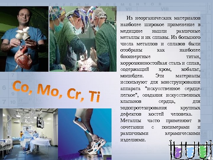  Из неорганических материалов наиболее широкое применение в медицине нашли различные металлы и их