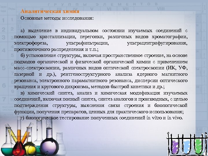 Аналитическая химия Основные методы исследования: а) выделение в индивидуальном состоянии изучаемых соединений с помощью