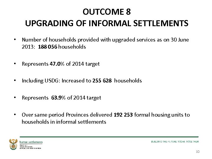 OUTCOME 8 UPGRADING OF INFORMAL SETTLEMENTS • Number of households provided with upgraded services