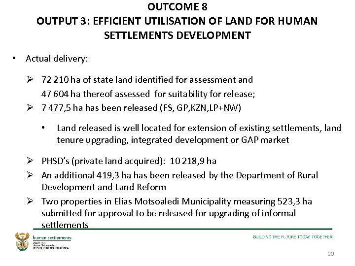 OUTCOME 8 OUTPUT 3: EFFICIENT UTILISATION OF LAND FOR HUMAN SETTLEMENTS DEVELOPMENT • Actual