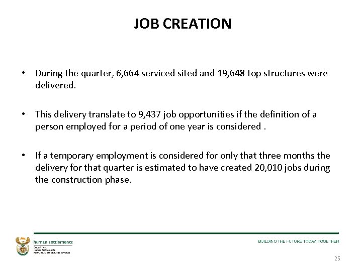 JOB CREATION • During the quarter, 6, 664 serviced sited and 19, 648 top
