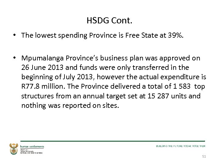 HSDG Cont. • The lowest spending Province is Free State at 39%. • Mpumalanga