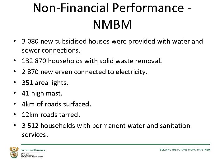 Non-Financial Performance - NMBM • 3 080 new subsidised houses were provided with water