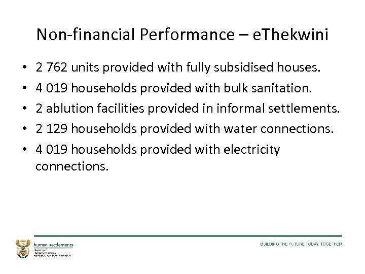 Non-financial Performance – e. Thekwini • • • 2 762 units provided with fully
