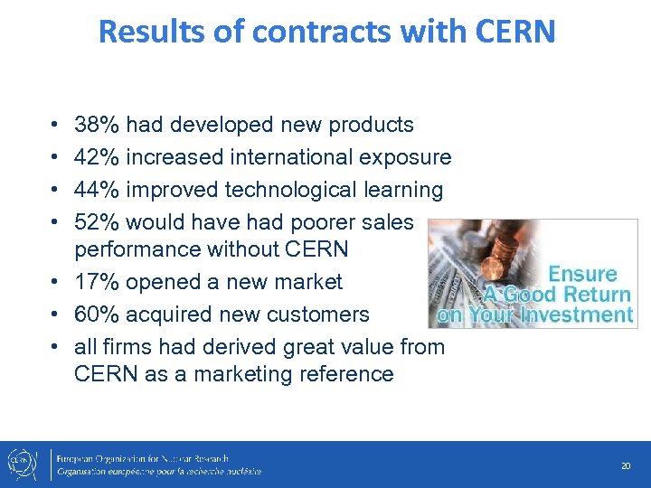 Results of contracts with CERN • • 38% had developed new products 42% increased