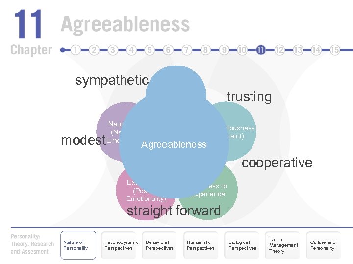 sympathetic Agreeableness modest Neuroticism (Negative Emotionality) trusting Conscientiousness (Constraint) Agreeableness cooperative Extraversion (Positive Emotionality)
