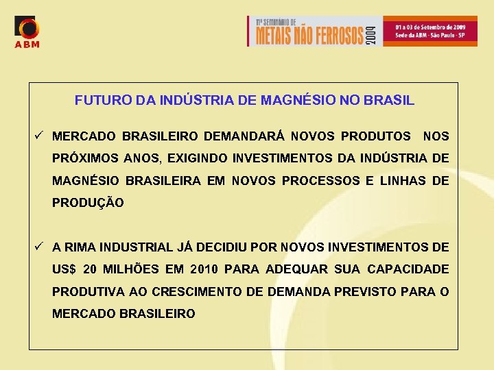 FUTURO DA INDÚSTRIA DE MAGNÉSIO NO BRASIL ü MERCADO BRASILEIRO DEMANDARÁ NOVOS PRODUTOS NOS