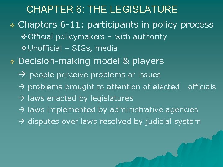 CHAPTER 6: THE LEGISLATURE v Chapters 6 -11: participants in policy process v. Official