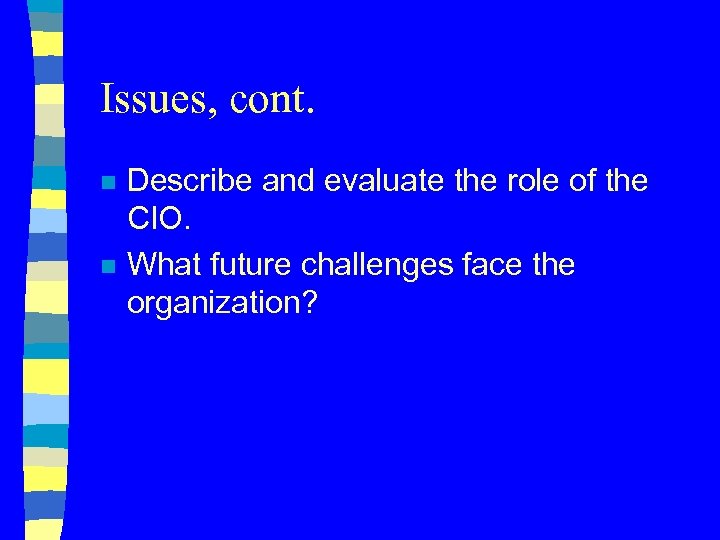 Issues, cont. n n Describe and evaluate the role of the CIO. What future