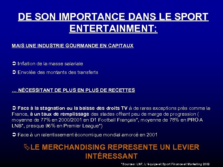 DE SON IMPORTANCE DANS LE SPORT ENTERTAINMENT: MAIS UNE INDUSTRIE GOURMANDE EN CAPITAUX Ü