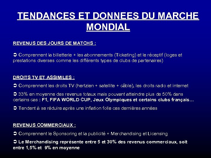 TENDANCES ET DONNEES DU MARCHE MONDIAL REVENUS DES JOURS DE MATCHS : Ü Comprennent