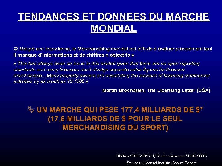 TENDANCES ET DONNEES DU MARCHE MONDIAL Ü Malgré son importance, le Merchandising mondial est