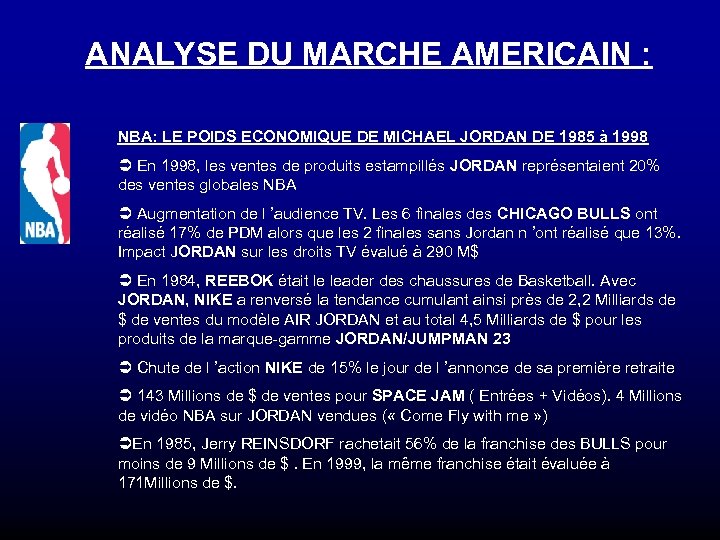ANALYSE DU MARCHE AMERICAIN : NBA: LE POIDS ECONOMIQUE DE MICHAEL JORDAN DE 1985