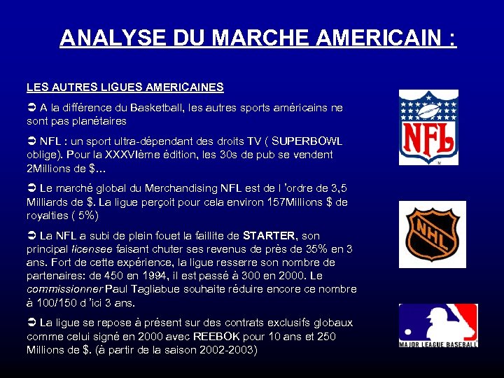 ANALYSE DU MARCHE AMERICAIN : LES AUTRES LIGUES AMERICAINES Ü A la différence du