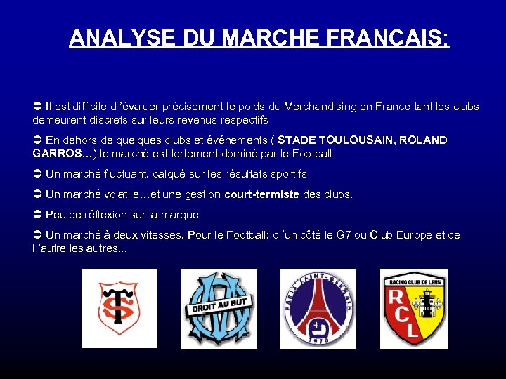 ANALYSE DU MARCHE FRANCAIS: Ü Il est difficile d ’évaluer précisément le poids du