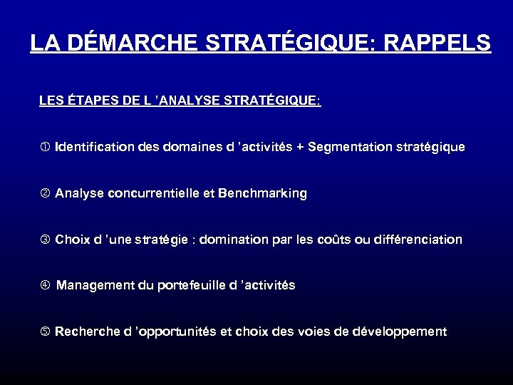 LA DÉMARCHE STRATÉGIQUE: RAPPELS LES ÉTAPES DE L ’ANALYSE STRATÉGIQUE: Identification des domaines d