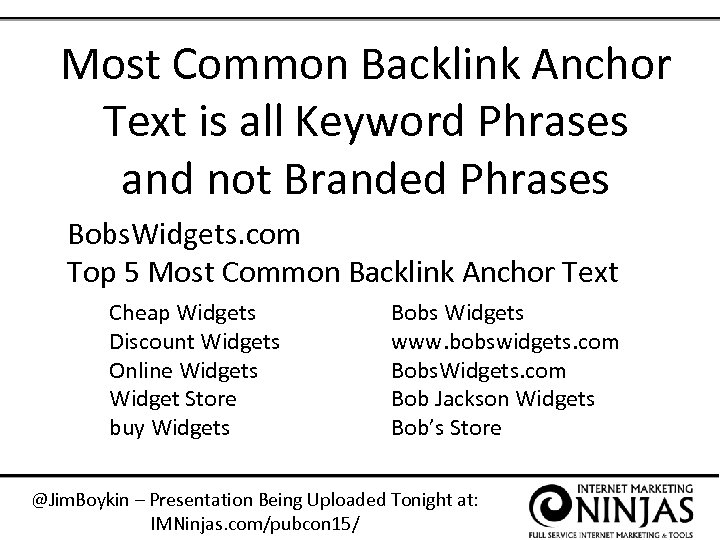 Most Common Backlink Anchor Text is all Keyword Phrases and not Branded Phrases Bobs.