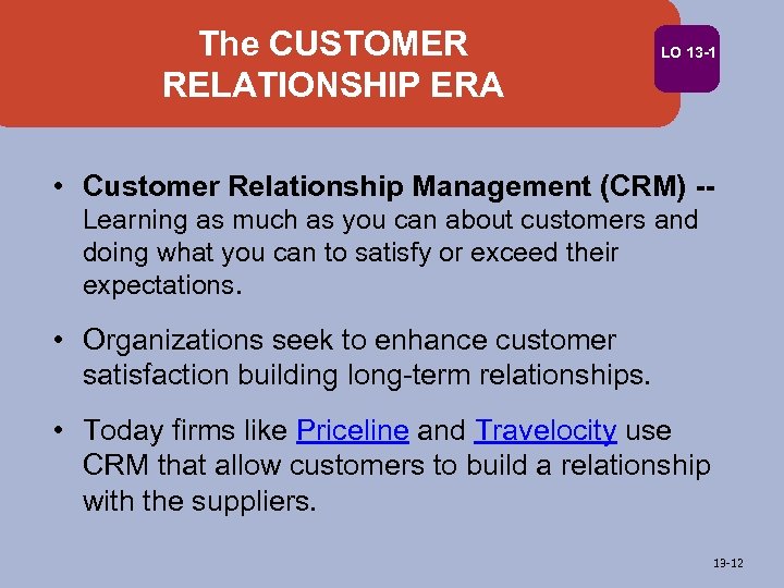 The CUSTOMER RELATIONSHIP ERA LO 13 -1 • Customer Relationship Management (CRM) -Learning as