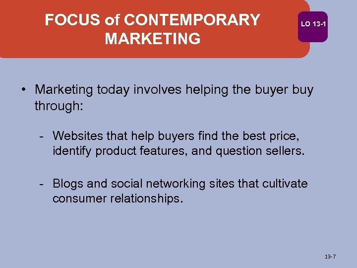 FOCUS of CONTEMPORARY MARKETING LO 13 -1 • Marketing today involves helping the buyer