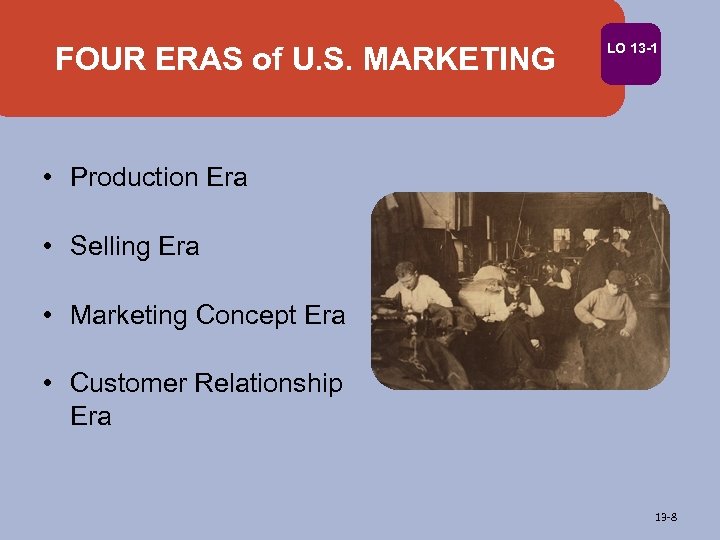 FOUR ERAS of U. S. MARKETING LO 13 -1 • Production Era • Selling