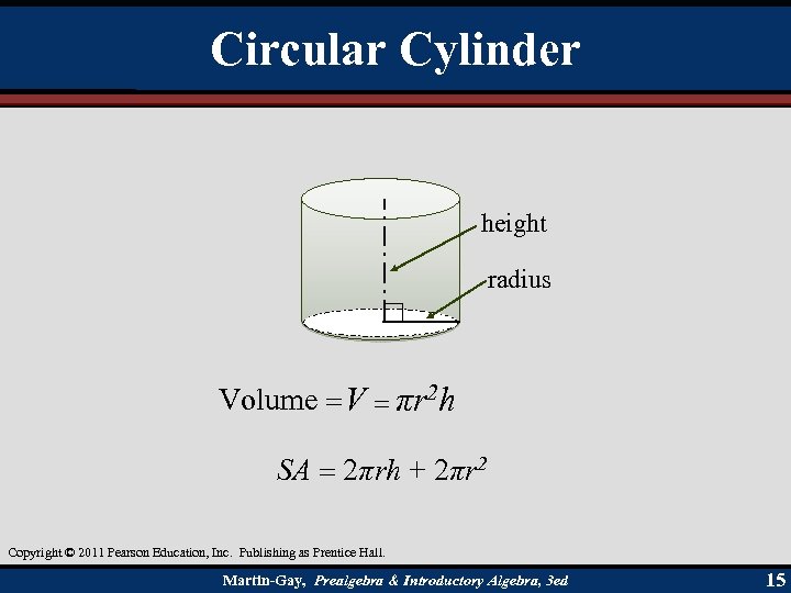 Circular Cylinder height radius Volume = V = πr 2 h SA = 2πrh