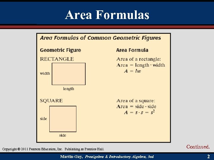 Area Formulas Copyright © 2011 Pearson Education, Inc. Publishing as Prentice Hall. Martin-Gay, Prealgebra