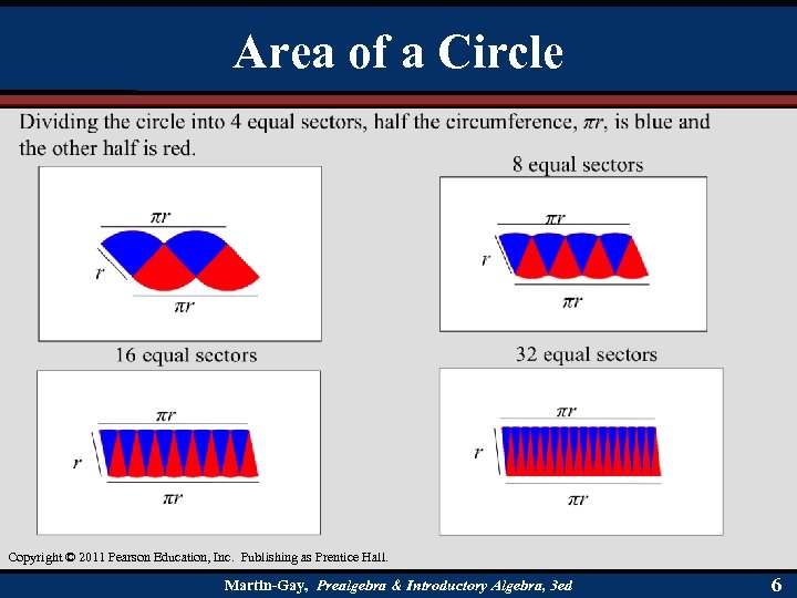 Area of a Circle Copyright © 2011 Pearson Education, Inc. Publishing as Prentice Hall.