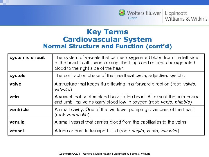 Key Terms Cardiovascular System Normal Structure and Function (cont’d) systemic circuit The system of