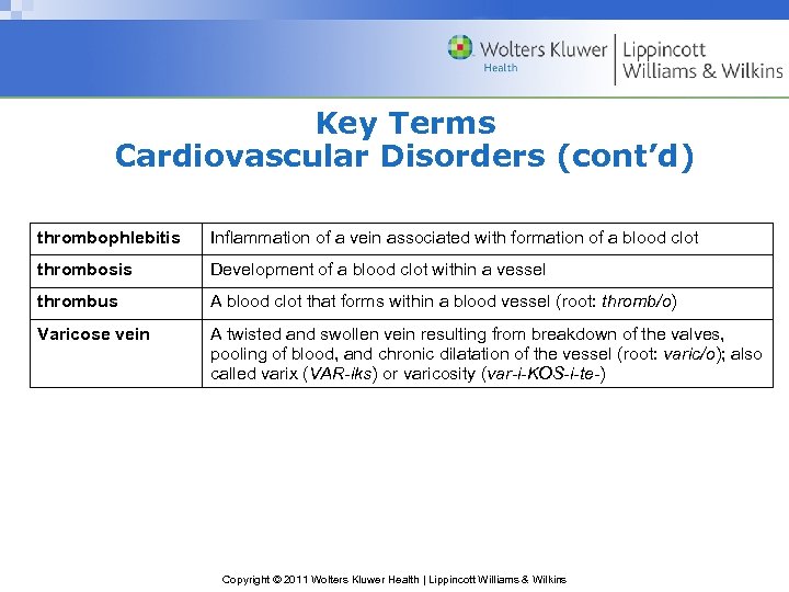 Key Terms Cardiovascular Disorders (cont’d) thrombophlebitis Inflammation of a vein associated with formation of