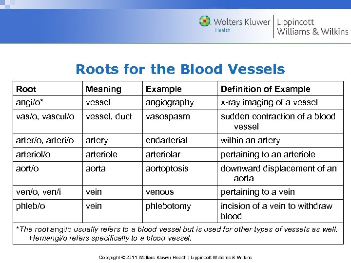 Roots for the Blood Vessels Root Meaning Example Definition of Example angi/o* vessel angiography