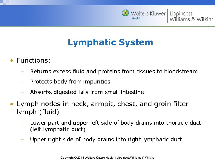 Lymphatic System • Functions: – Returns excess fluid and proteins from tissues to bloodstream