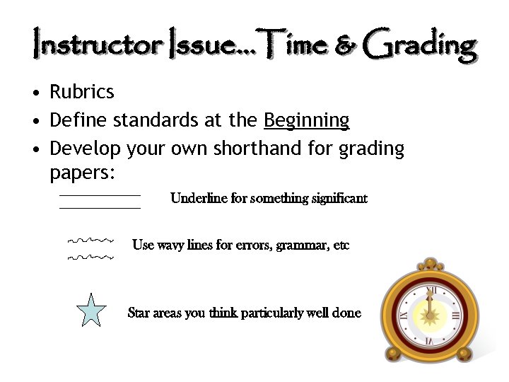 Instructor Issue…Time & Grading • Rubrics • Define standards at the Beginning • Develop