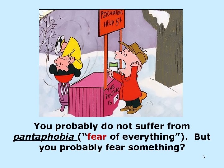 You probably do not suffer from pantaphobia (“fear of everything”). But you probably fear