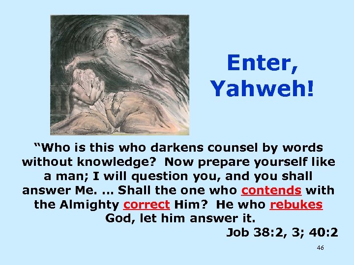 Enter, Yahweh! “Who is this who darkens counsel by words without knowledge? Now prepare