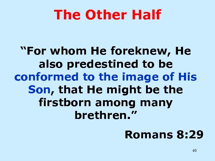 The Other Half “For whom He foreknew, He also predestined to be conformed to