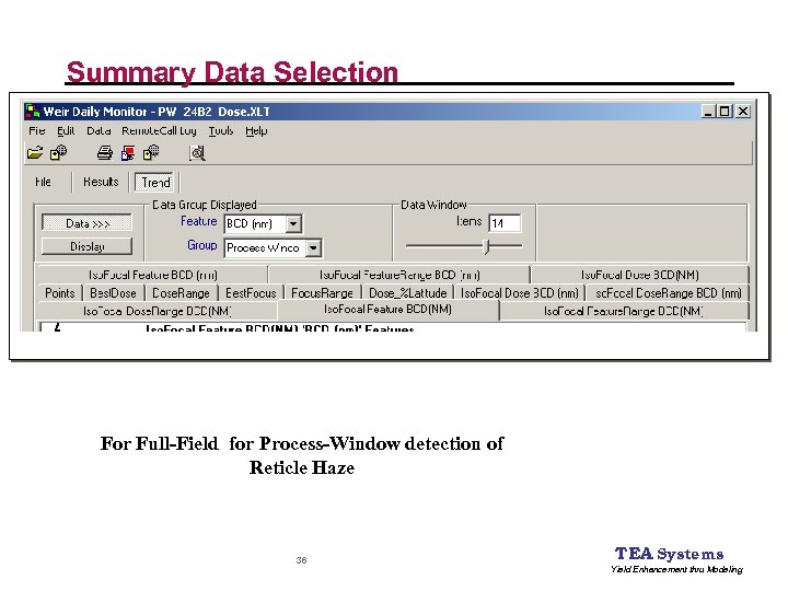 Summary Data Selection For Full-Field for Process-Window detection of Reticle Haze 36 TEA Systems