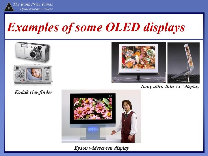 Examples of some OLED displays Sony ultra-thin 13” display Kodak viewfinder Epson widescreen display