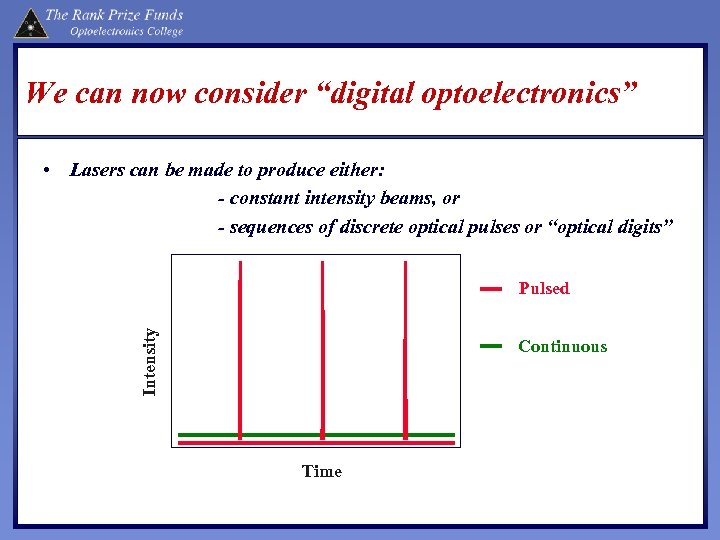 We can now consider “digital optoelectronics” • Lasers can be made to produce either: