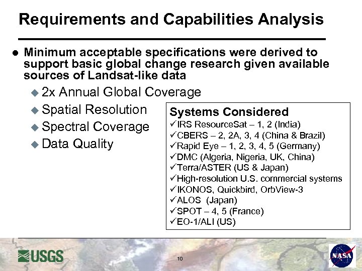 Requirements and Capabilities Analysis l Minimum acceptable specifications were derived to support basic global