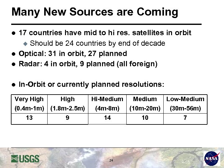 Many New Sources are Coming l 17 countries have mid to hi res. satellites