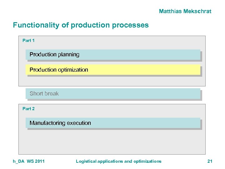 Matthias Mekschrat Functionality of production processes Part 1 Production planning Production optimization Short break