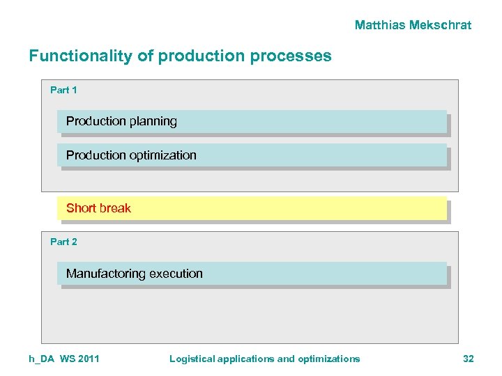 Matthias Mekschrat Functionality of production processes Part 1 Production planning Production optimization Short break