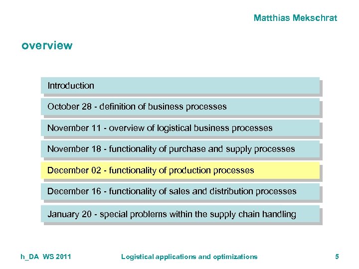 Matthias Mekschrat overview Introduction October 28 - definition of business processes November 11 -