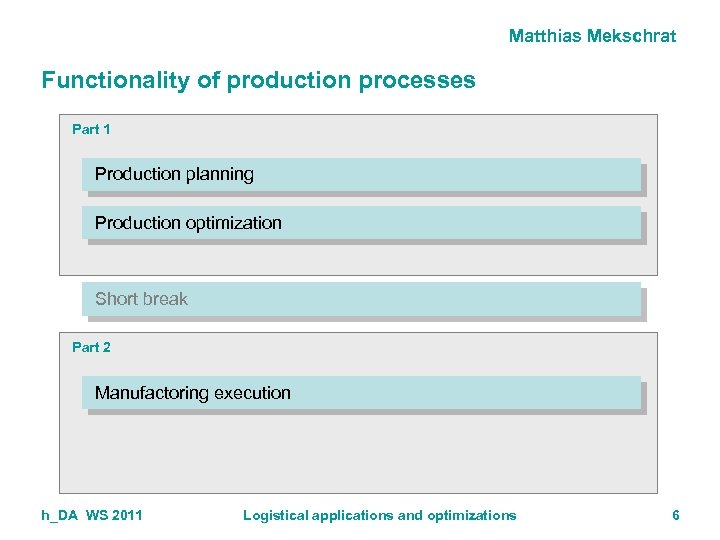 Matthias Mekschrat Functionality of production processes Part 1 Production planning Production optimization Short break
