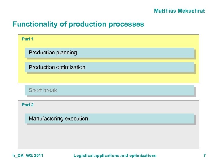 Matthias Mekschrat Functionality of production processes Part 1 Production planning Production optimization Short break